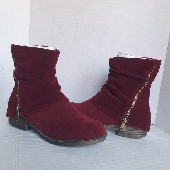French Blue Americana Burgundy Wine Faux-Suede Ruched Ankle Zip-Up Booties Sz 38 - Picture 4 of 16